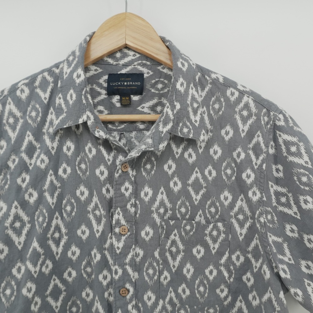 Lucky Brand Button Down Shirt Mens M Grey White Ikat Linen Blend Short Sleeve